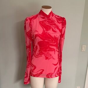 NWT I.N.C. Red Pink Swirl Women's Mesh Top Sz Medium Long Sleeve Mock Neck